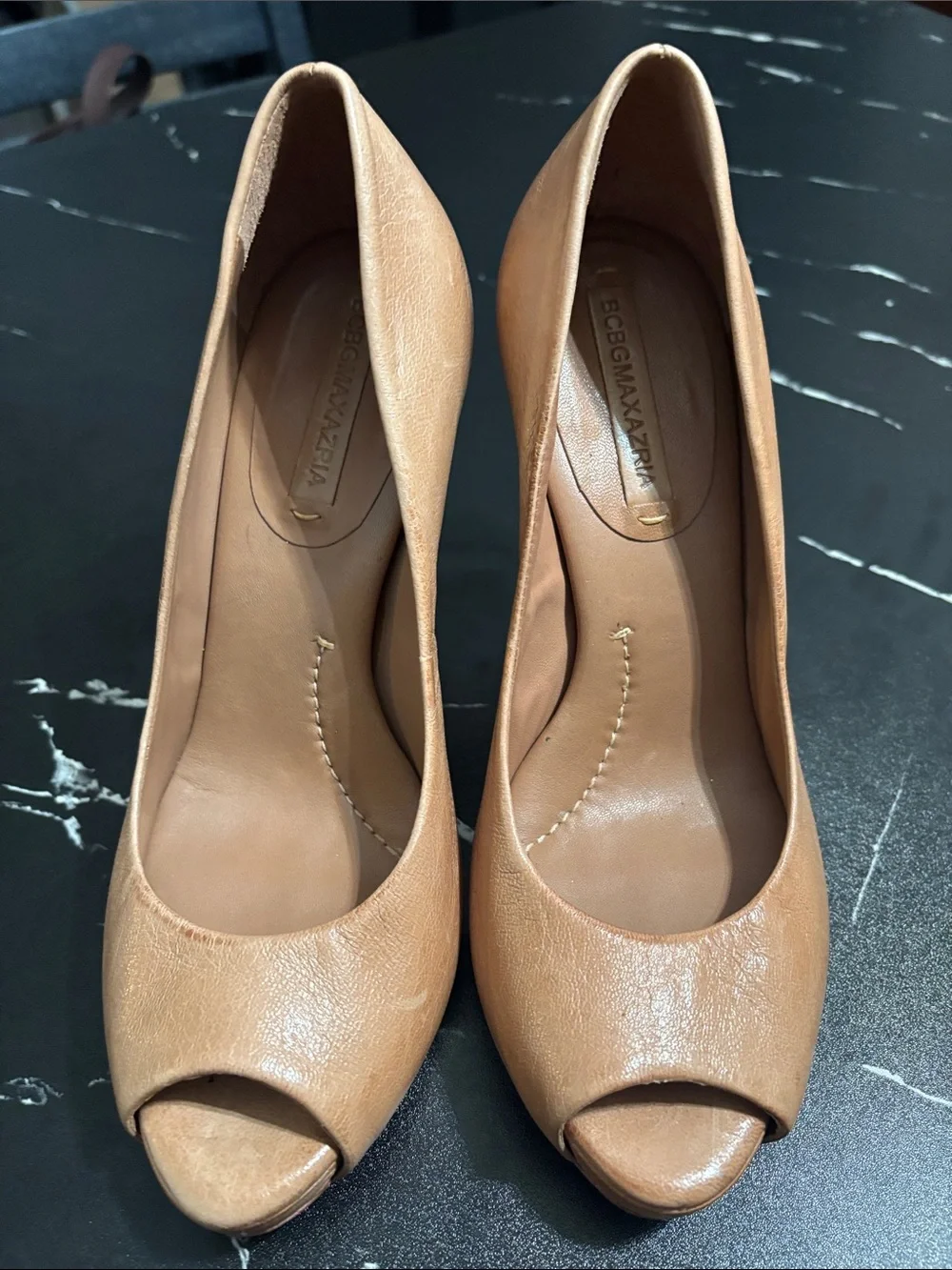 BCBGMaxAzria All leather made in Brazil Tan Peep-Toe Leather Pumps